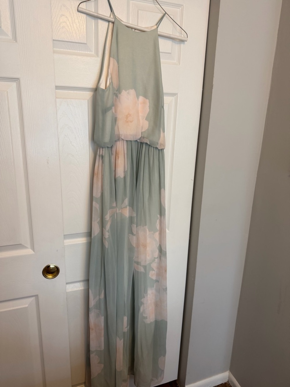 Donna Morgan Sage Green Floral Maxi Dress with Pale Pink Blooms